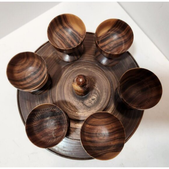 Vintage Mid Century Modern Wooden Wine Goblets with 6 Goblets and Tray - Picture 4 of 15